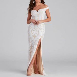 Sequin Off-The-Shoulder Formal Dress